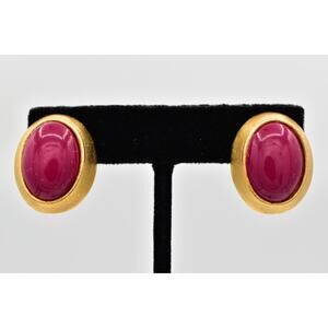 Ellen Designs Vintage Cabochon Clip On Earrings Pink Brushed Gold Signed BinBB